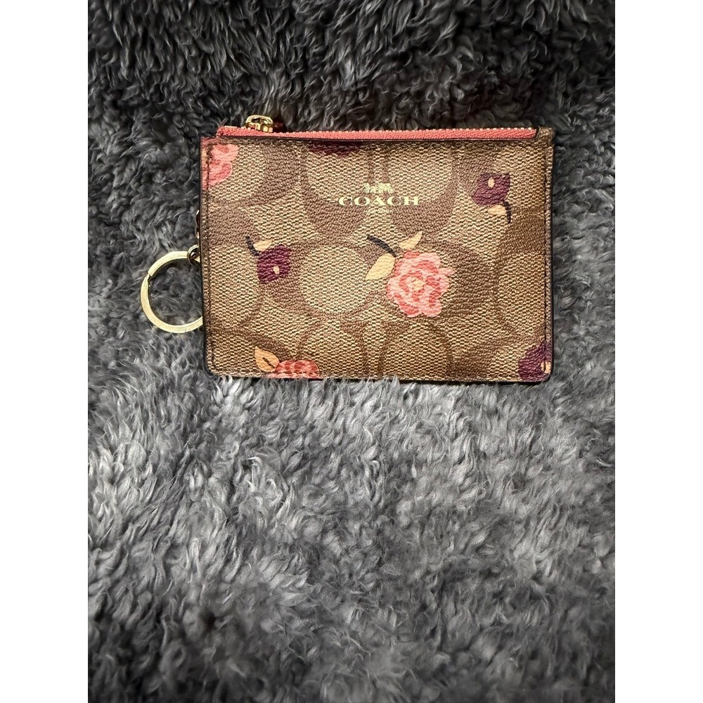 Coach Mini Skinny ID Case Signature Canvas Prairie Rose Floral Brown Pink Wallet